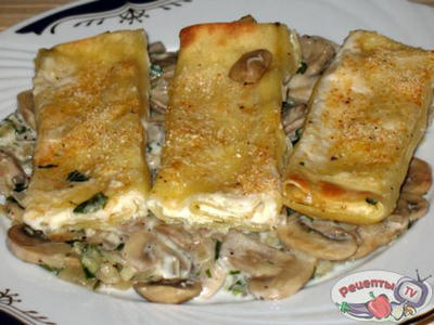 -,    (Cannoli di ricotta su gratin di funghi)